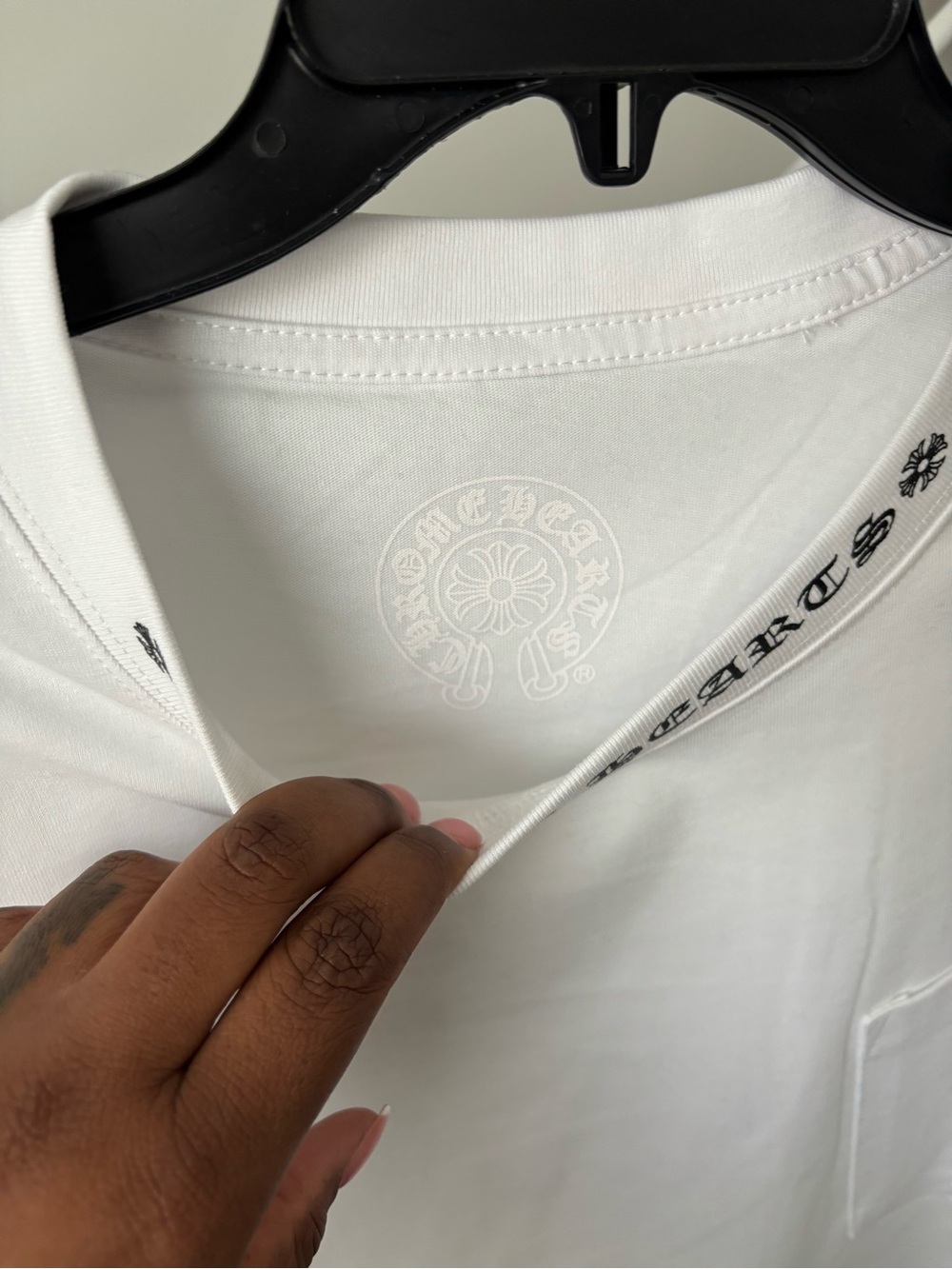 Chrome Hearts White Long Sleeve Pocket Tee with Black Gothic Sleeve Print - Picture 2 of 6